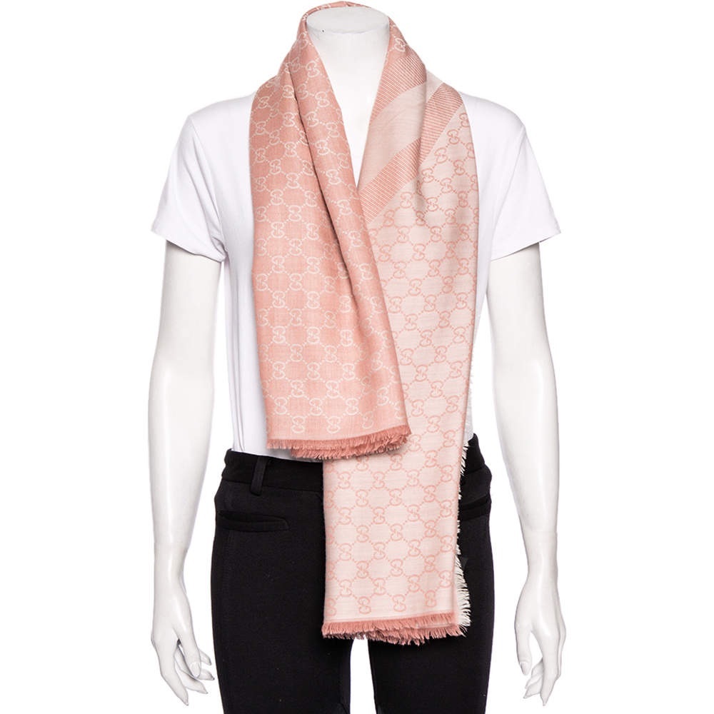 Gucci Pink Monogram Wool Fringed Square Scarf